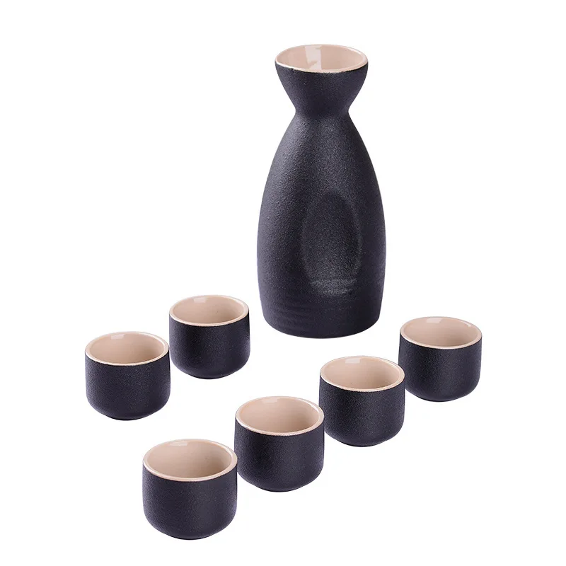 Bestselgende japansk keramisk sake-koppsett svart steintøy vinflaske vinflaskekopp 7 stk/sett