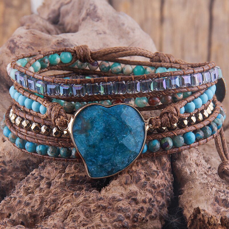 RH Handma-pulsera Bohemia con piedras naturales mezcladas, colgante de corazón, 5 pulseras de tiras, para mujer: Azul