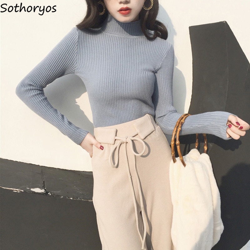 Women Sets Winter Turtleneck Elastic Solid All-match Korean Style Clothes Loose Drawstring Trousers Womens Two Piece Set