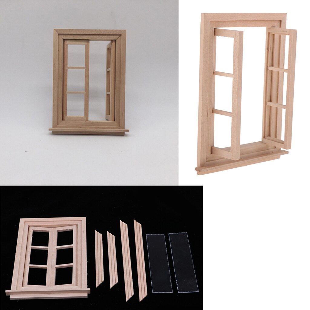 3 stuks 1/12 poppenhuis miniatuur ongeverfd hout 6 ruiten dubbel raamkozijn
