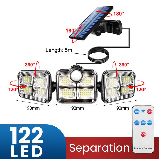 Solar Led Light Outdoor Lighting 3 Head Motion Sensor Wide Angle Illumination Super Bright Waterproof Remote Control Wall Lamp: Separation-122 SMD