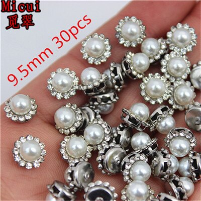 Micui Ronde Parel Kristallen Knop Goud rvs Instelling Metalen Lade Steentjes DIY Sieraden Jurk bruiloft versieren MC70: Silver  9.5mm 30pcs