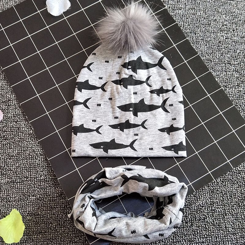 Baby Muts Sjaal Set Print Katoen Kinderen Cap Kraag Kids Jongens Meisjes Mutsen Baby Peuter Hoeden Sjaals Winter Hoeden Voor 1-3T: shark