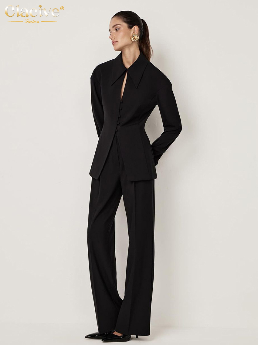 Clacive bodycon sort kontor 2 -delt sæt til kvinder outfit langærmet skjorte med højtaljede bukser bredt sæt til kvinder