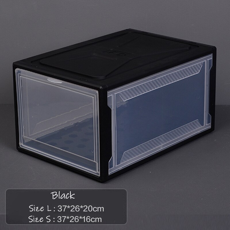 Transparent Shoe Box Shoes Organizers Thickened Foldable Dustproof Plastic Storage Box Stackable Combined Basket Shoe Cabinit: Black / Size L