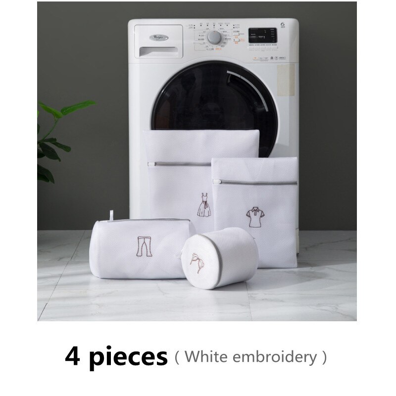 Conjunto de bolsa de lavandería bordada, bolsa para lavar ropa interior, sujetador, bolsas de lavado, cesta de lavandería de malla de poliéster, Kits de lavado plegables para el hogar, 1 Juego: White 4 pieces set