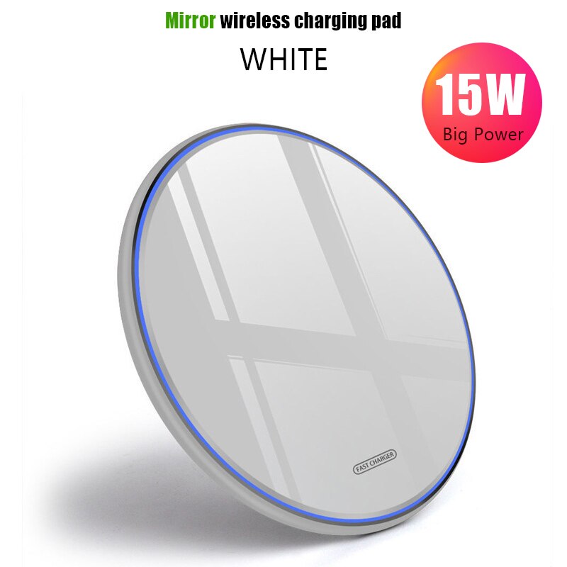 Dock di ricarica rapida in vetro metallico per caricabatterie Wireless Qi 15W per iPhone Samsung S20 S10 nota 10 ricarica rapida Super Wireless Huawei: 15W Mirror White