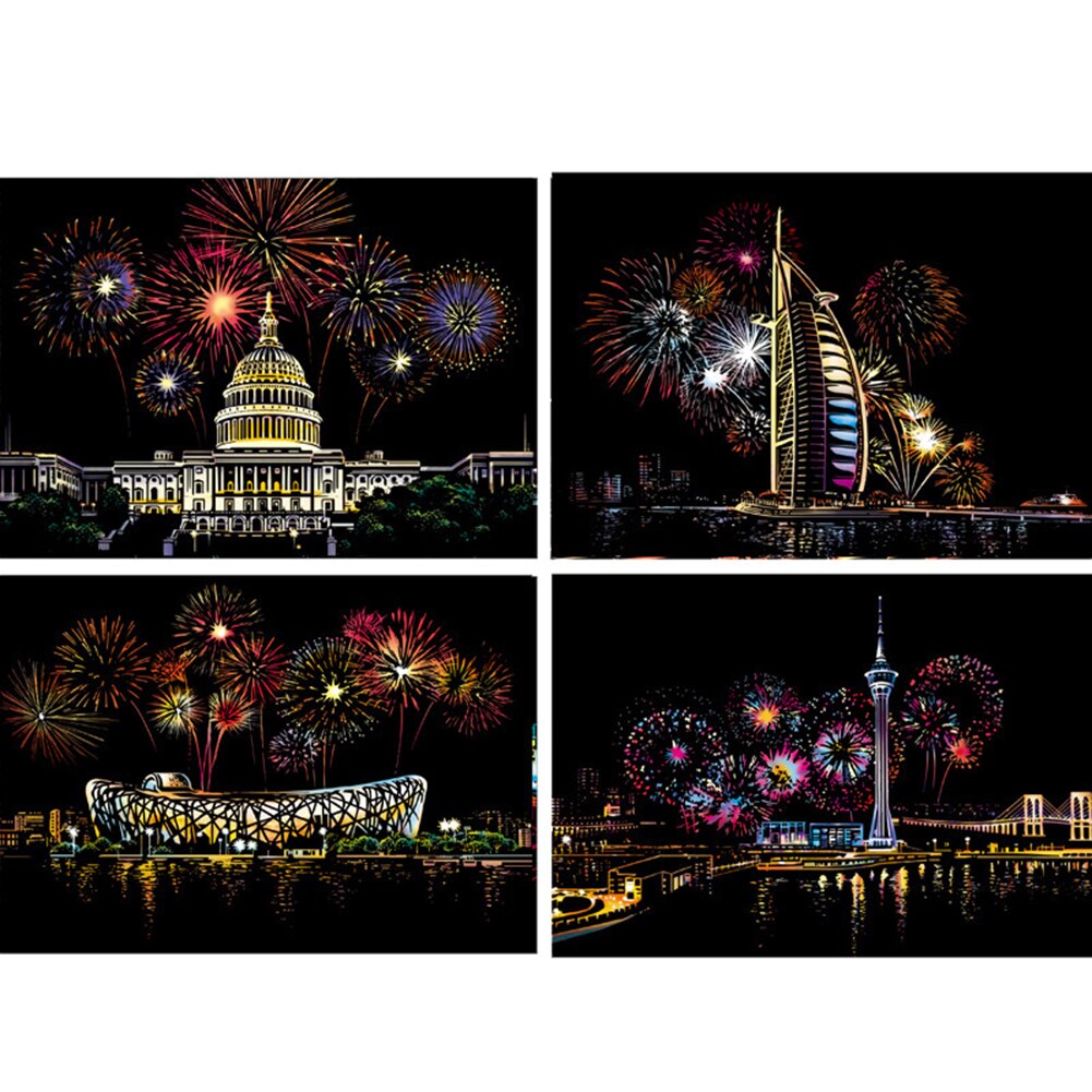 1Set 4pcs Scraping Painting Diy Scratch Art Paper Painting Paper Scraping Suit Children Hand Painted Tabletop Ornament Souvenir: B