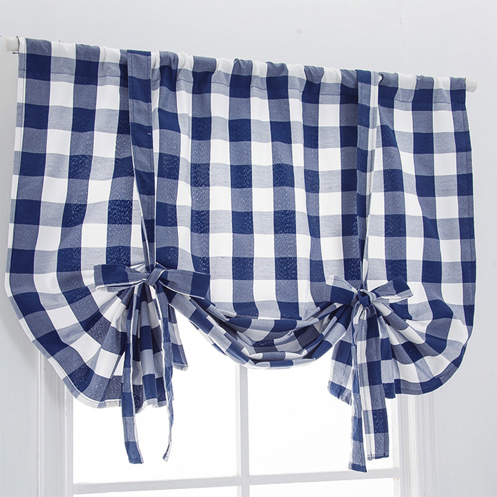 Cortina de ventana corta con estampado a cuadros, persianas romanas ajustables con agujeros, cortinas opacas para sala de estar y cocina
