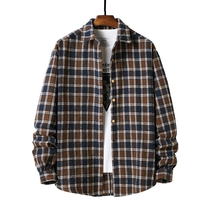 Men Flannel plaid shirt men's Casual Long Sleeve Shirt Soft Comfort Slim Fit Styles Brand Man Plus Size: coffee / M