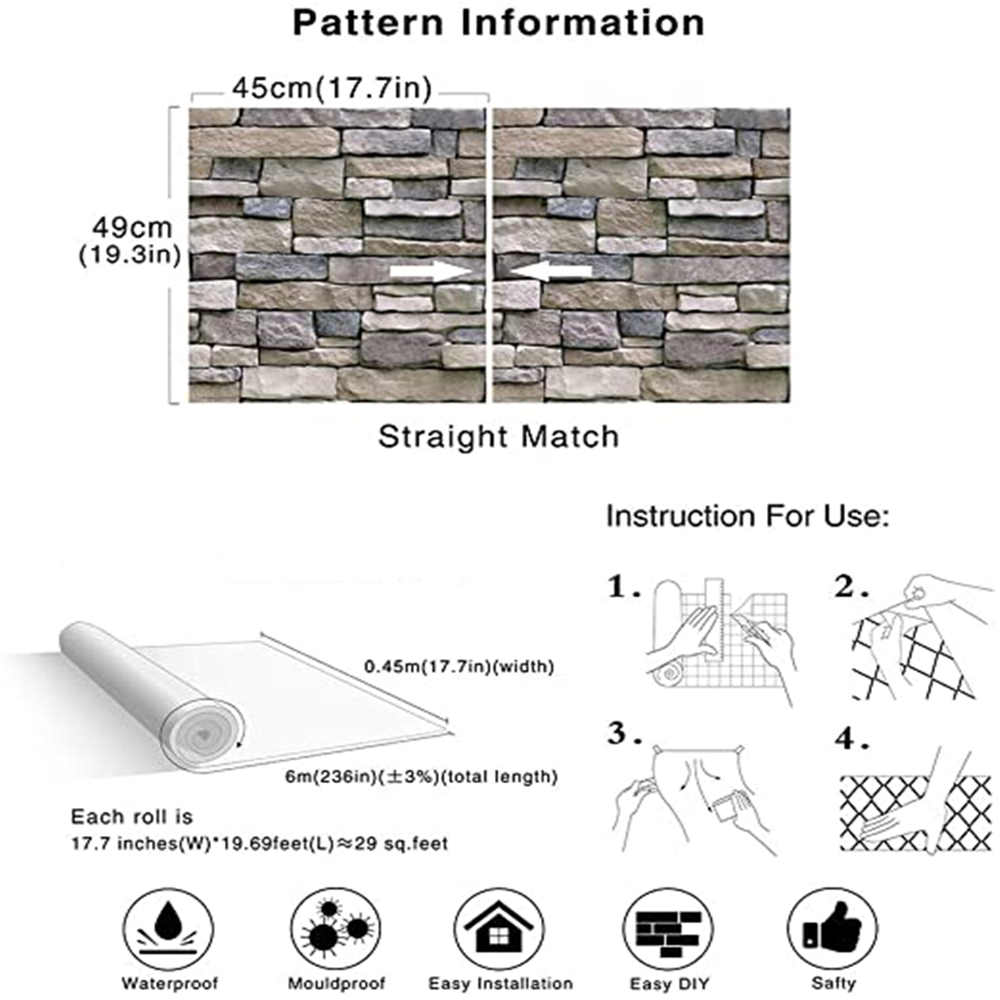 LUCKYYJ-papel tapiz de ladrillo extraíble, papel de Contacto autoadhesivo 3D de imitación de piedra texturizada, aspecto de pared, papel de ladrillo rústico