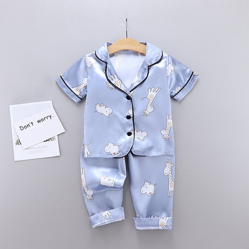 Sommer Baby Kleidung freundlicher Mädchen Jungen Pyjama Giraffe Nachtwäsche 2Stck Kurzarm Bluse Spitzen + Nacht Hosen einstellen 7