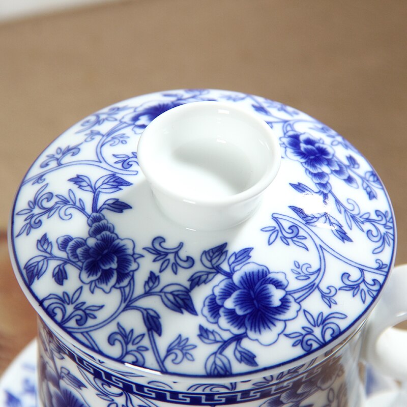 Retro kinesisk blå hvid porcelæn te kop sæt med underkoplåg infuser 260ml keramiske tekop med te filter
