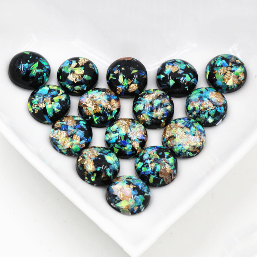 Nowa moda 40 sztuk 8mm 10mm 12mm czarne kolory wbudowane w metalowy folia płaskie tylne żywica Cabochons kamea
