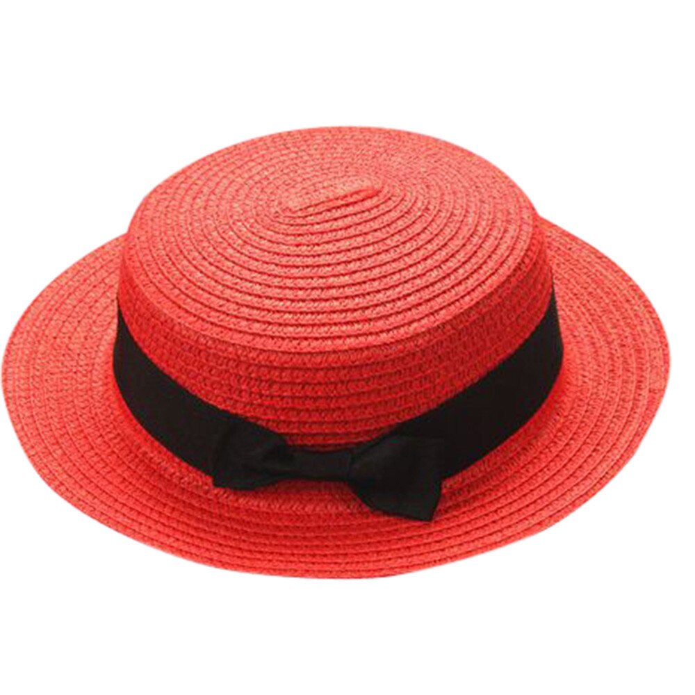 Bowknot Children Breathable Hat Straw Hat Kids Hat Boy Girls Cap Weaving Cap Unisex Straw Cylinder Bowler Hat #T1P: Red