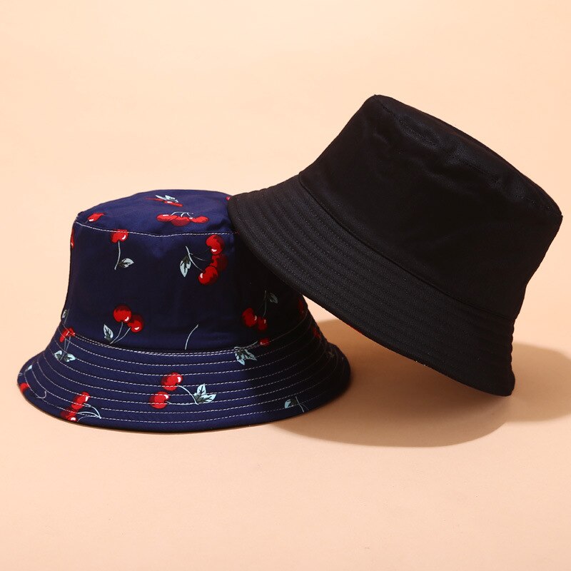 Efterår to lag panama spand hat kvinder mænd harajuku hip hop spand cap vendbar frugt banan vandmelon print fisker hat: Kirsebær