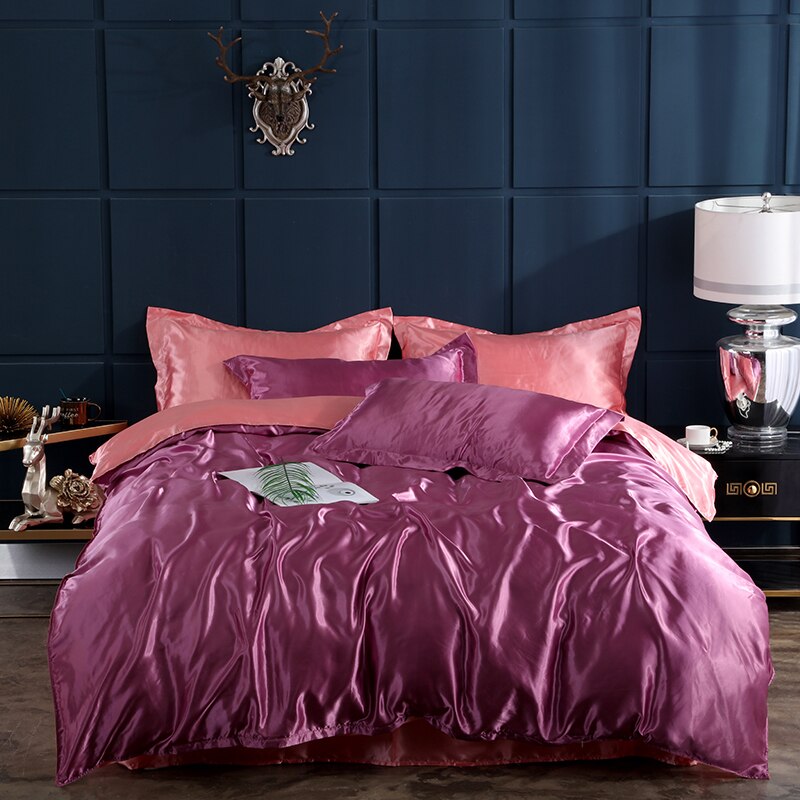 Siden satintryckta platta lakan set lakan överdrag med påslakan och örngott 4 st set lakan komplett set drap de lit: Jade-rosa / 180cm*230cm