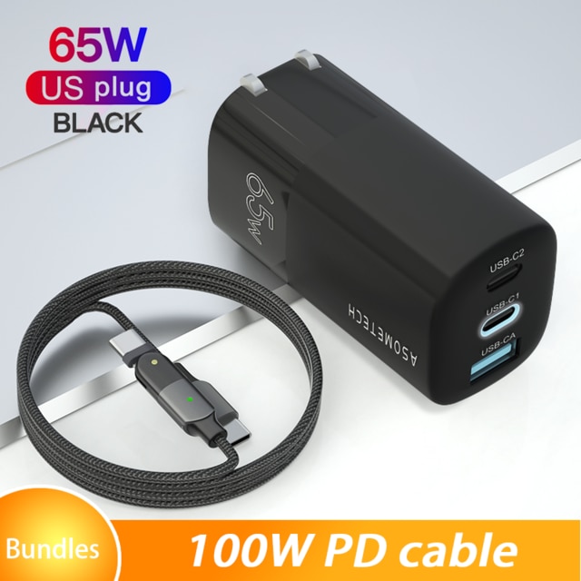 65W USB C GAN Charger Quick Charge 4.0 3.0 QC4.0 QC PD3.0 USB-C Type C Fast USB Charger For Macbook Pro iPhone 12 Samsung Laptop: US Black with cable