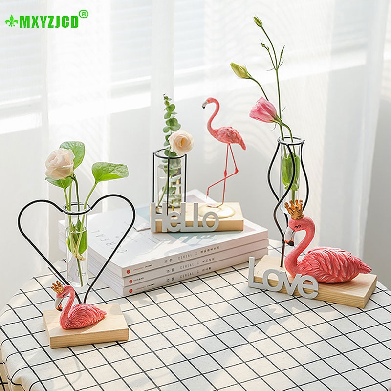 Glas hydroponisk växtvas hem vardagsrum transparent blomsterarrangemang behållare kontor skrivbord harts flamingo dekoration