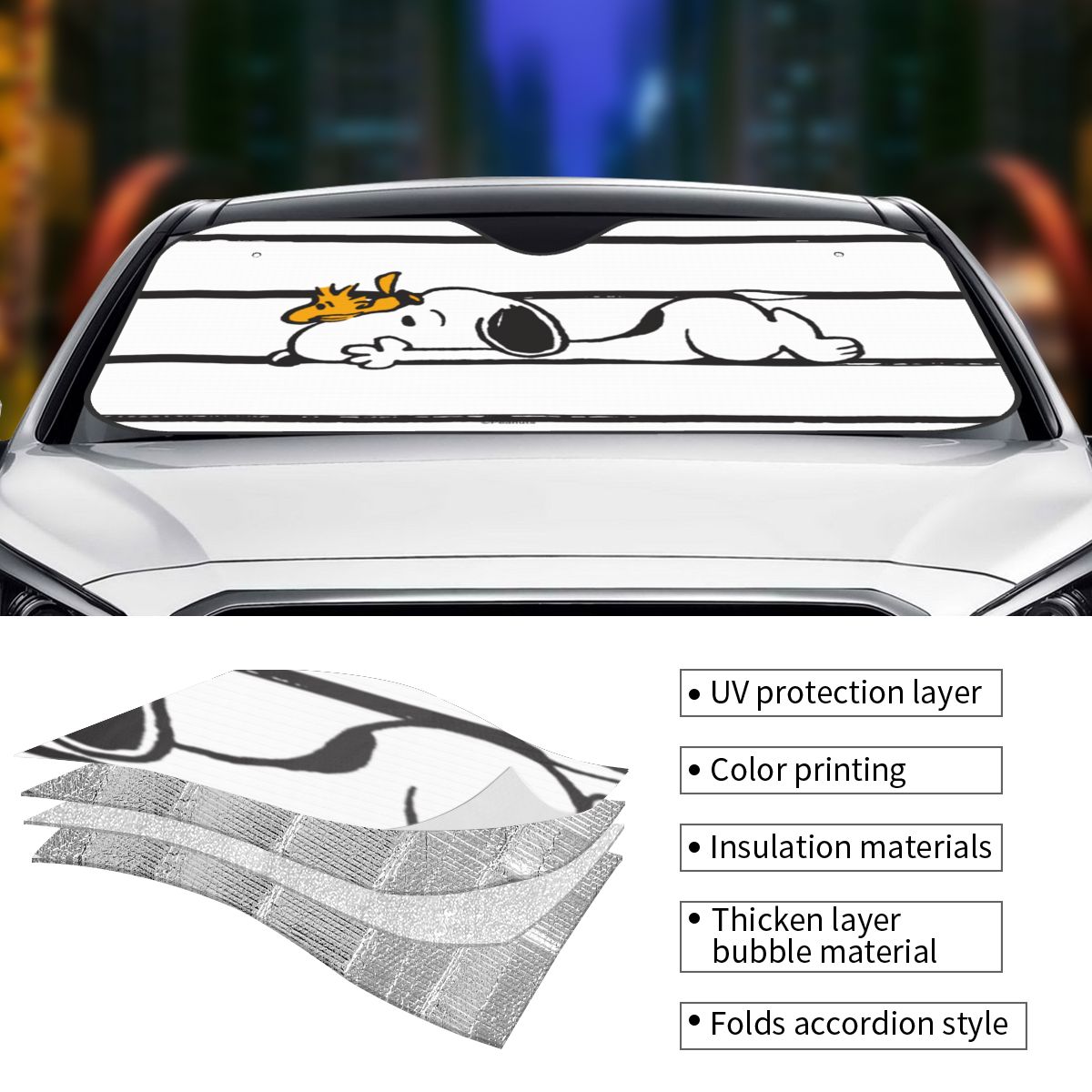Snoopy & Woodstock Windshield Sunshade Personality Car Front Window Visor 70x130cm Sun Visor Accessories Covers