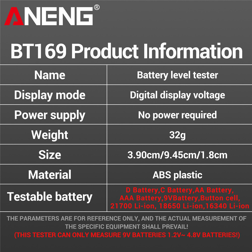 ANENG BT169 Detector de probadores de batería Digital multifuncional medir rápidamente la batería AA/AAA/C/D/9V/1,5 V medición de pila de botón
