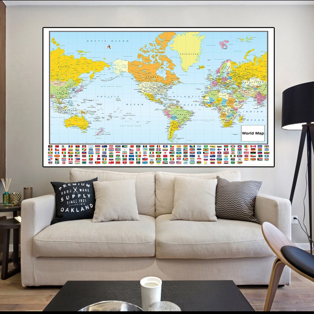 Verdensmercator projektionskort med nationale flag 150 x 100cm ikke-vævet foldbart verdenskort til rejse og uddannelse