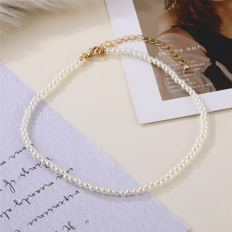 Einfache Klassische Kleine Runde Perle Halsband Halskette Kragen Schlüsselbein Kette Frauen Weiß Perlen Halskette Gold Farbe Hochzeit Schmuck