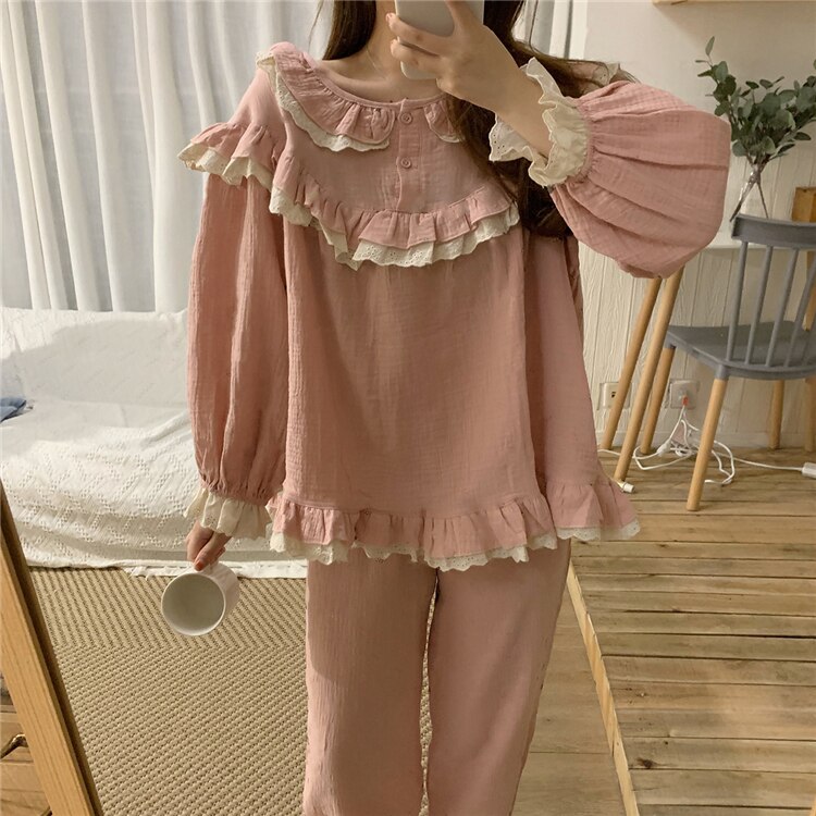 autumn winter cute cotton linen pajama set women home suit sleepwear long sleeve lacework pyjama pants trouser outwear 2pcs L337