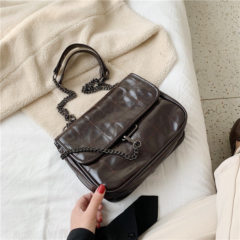 Sac à main Vintage pour femme, fourre-tout de bonne en cuir PU, sacoche à épaule avec chaîne,: Café