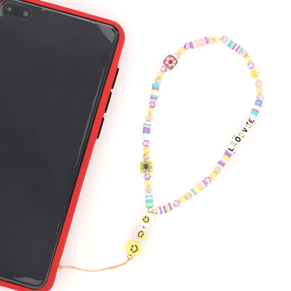 Łańcuszek do telefonu komórkowego perła wiszący przewód komórka smycz na telefon miękka ceramika lina uśmiechnięte koraliki łańcuszek paski na telefon