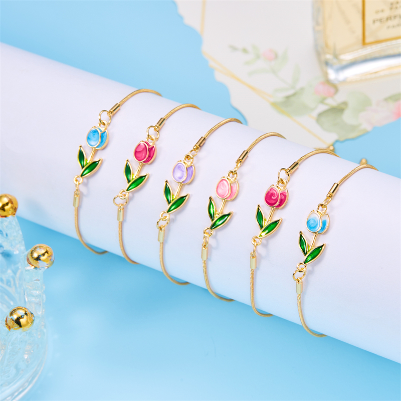 Pulsera de flor de tulipán Vintage francés, pulseras con dijes de flor dulce esmaltadas de estética a la para mujer, de joyas de