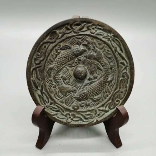 4.4 "Verzamelen China Brons Oude Decoratieve Twee Vis Pruimenbloesem Bronzen Spiegel