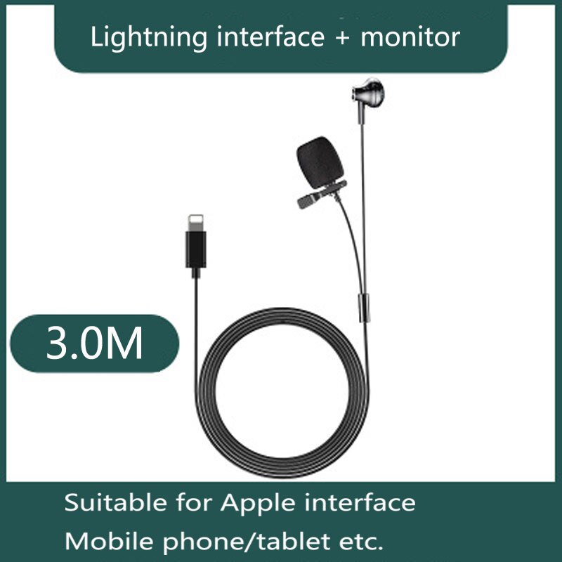 Mini Monitor de micrófono portátil con cable 3m para iPhone Lightning tipo C, 3,5mm, portátil, PC, micrófono de grabación con Clip, auriculares: Lightning monitor