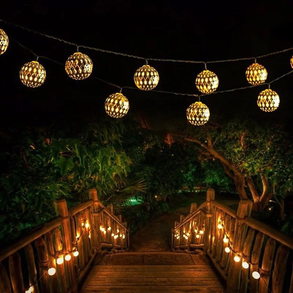 Waterdichte 20 LEDs Fairy Light Zonne-energie Marokkaanse Lantaarn Metalen Globe String Lamp voor Outdoor Kerstboom