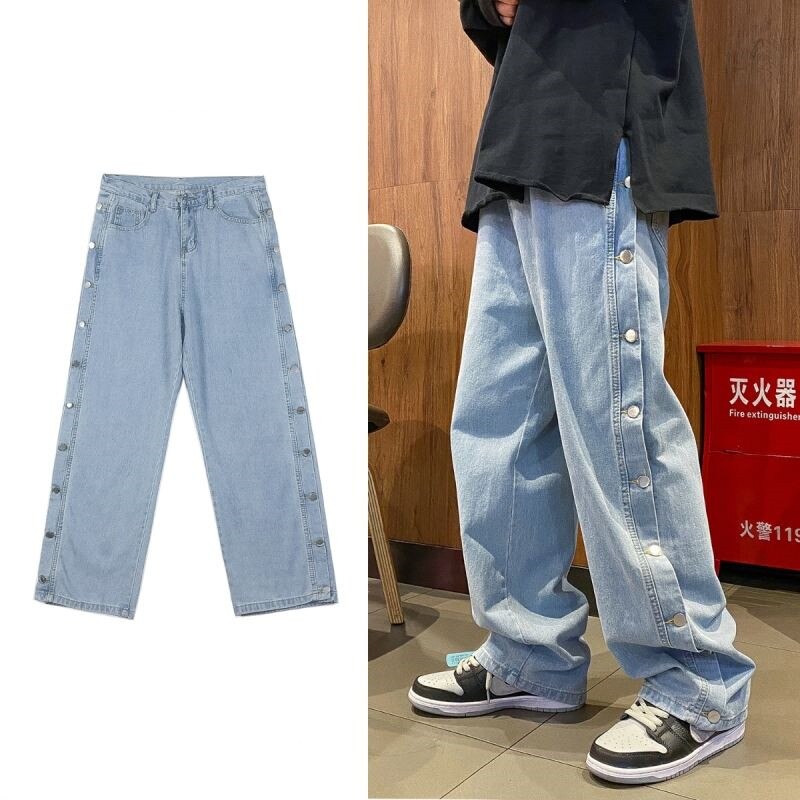 Pantalon en Denim pour femmes, coupe ample, couleur unie, tendance Hip hop, automne et hiver, jambes larges, taille moyenne, papa: Bleu / S