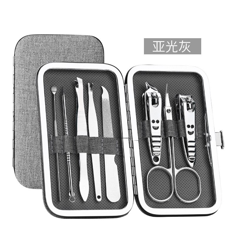 8 Piece Nail Manicure Set Suit Scissors Steel Stainless Pedicure Tool File Care Travel Hygiene Kit Nail Trimmer Cutter Tool Set: Smile Grey
