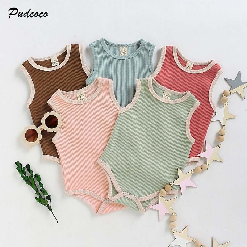 Combinaison en coton doux pour bébés 0-24M | Tenue d'été sans manches, solide, pour garçons et filles, combinaison une pièce,