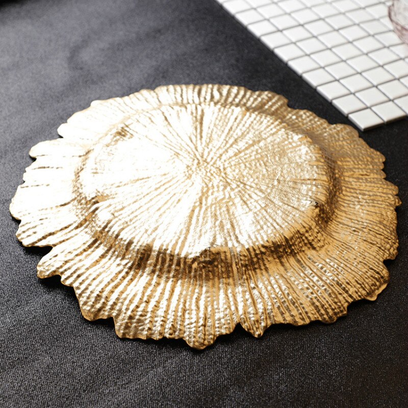 European Plating Gold Snow Glass Plate Color Lace Plate Fruit Snack Dessert Western Food Plate Set Grocery Storage Tray