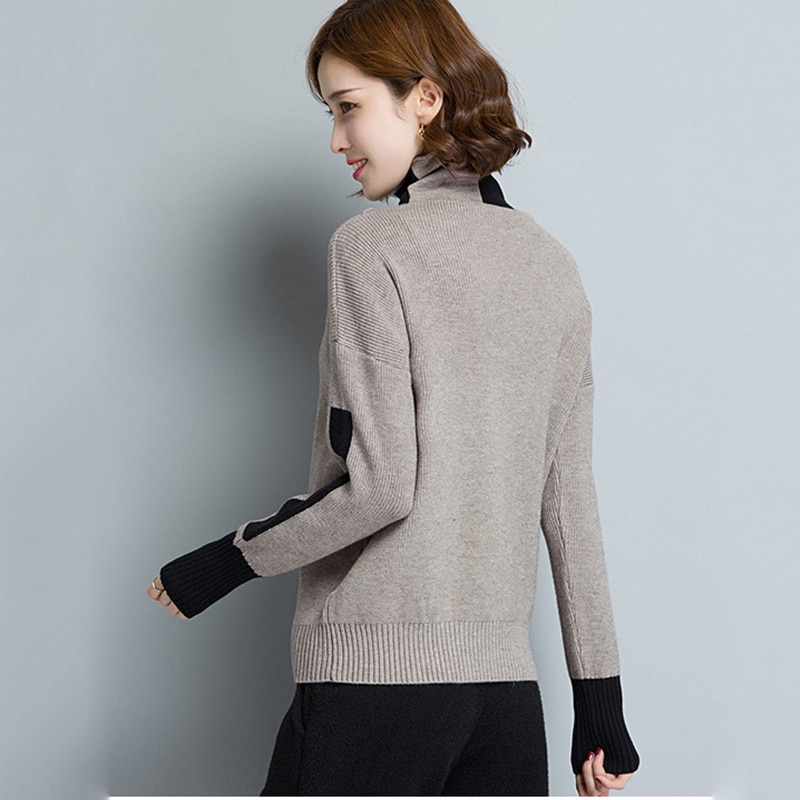 Vrouwen Geel Coltrui Winter Patchwork Trui Lange Mouw Gebreide Warme Dikke Truien En Pullovers Vrouwelijke Jumper Tricot Tops