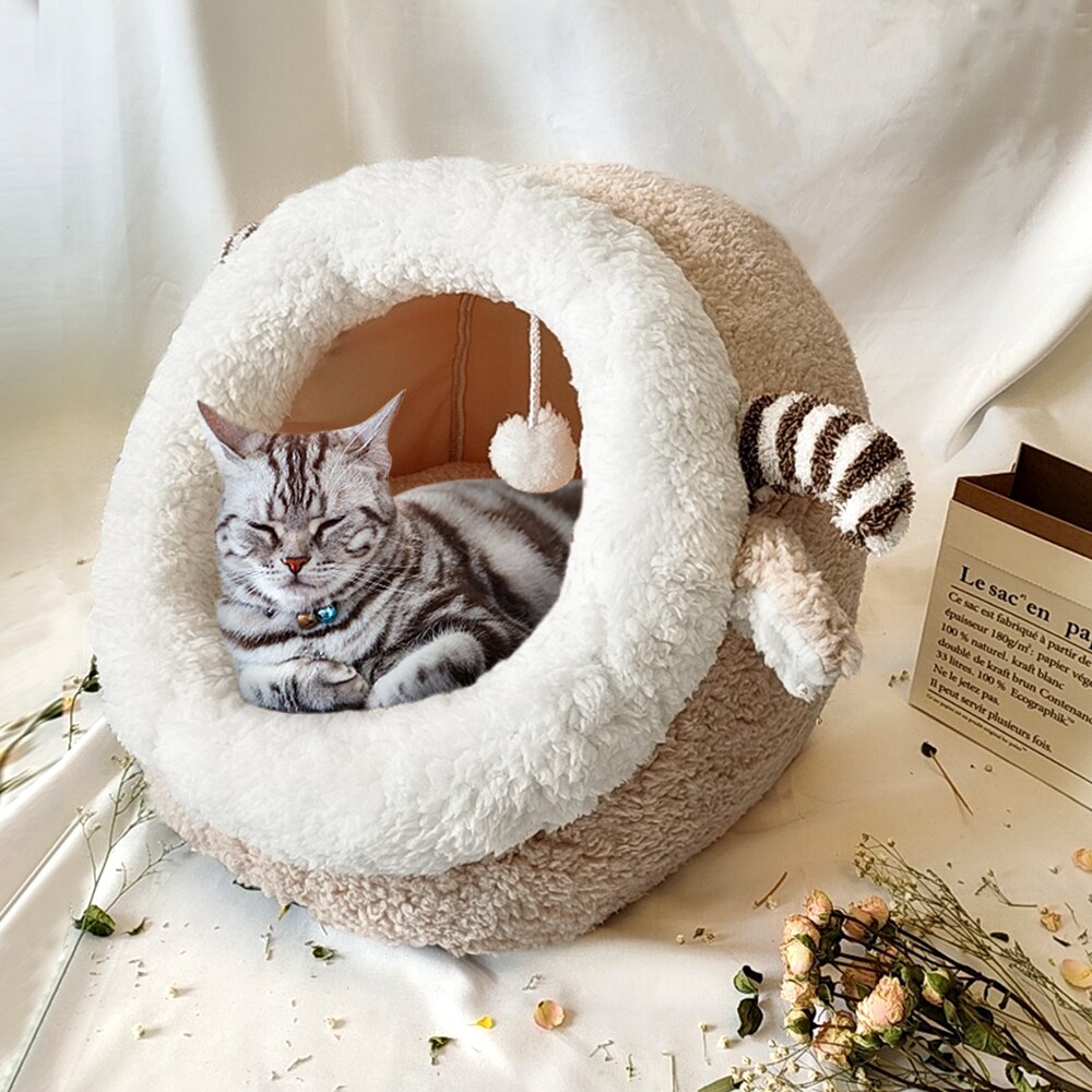 Cute Cat Bed House Winter Warm Pet Cat Bed For Small Dogs Cats Soft Puppy Cat Nest Kennel Bed With Removable Mattress Cama Gato: Beige / L