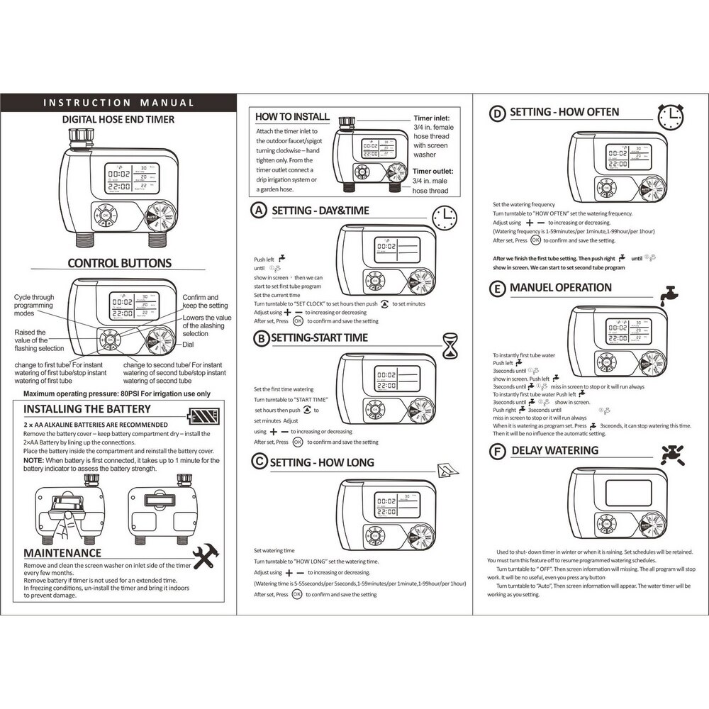 Sprinkler Controller Dual Interface Watering Timer large screen Hose Faucet Timer Automatic Garden Sprinkle Water Timer