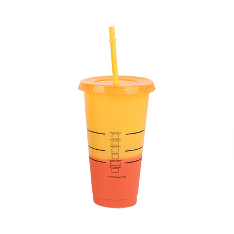 Tasse de paille réutilisable pour jus de café, tasse à couleur changeante, gobelets froids, fond en plastique, pour l'extérieur, Portable,: Yellow to orange