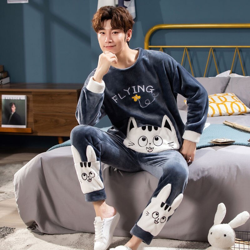 Pijamas masculinos definir outono inverno quente flanela engrossar pijamas masculinos manga longa pijamas topo + calça lazer roupas de casa 5xl
