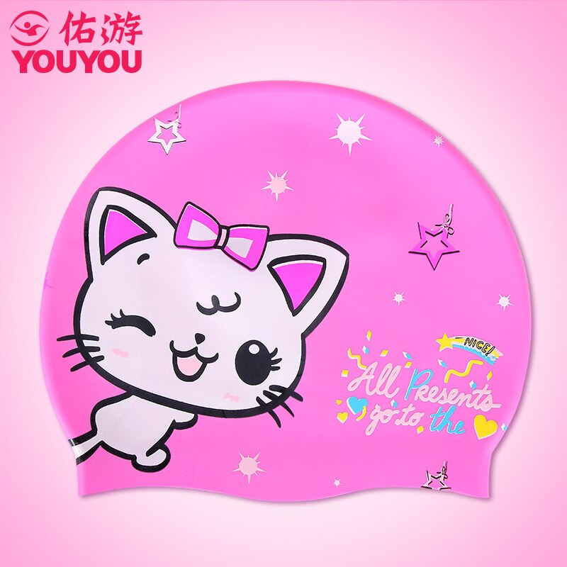 Children's silicone swimming cap boys and girls long hair waterproof ear protection not strangle head cute swimming cap: pink kitten