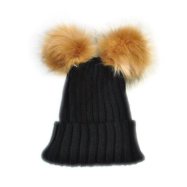 Baby børn voksne vinter varm beanie dobbelt pels pom bobble strikket hat cap: Sort