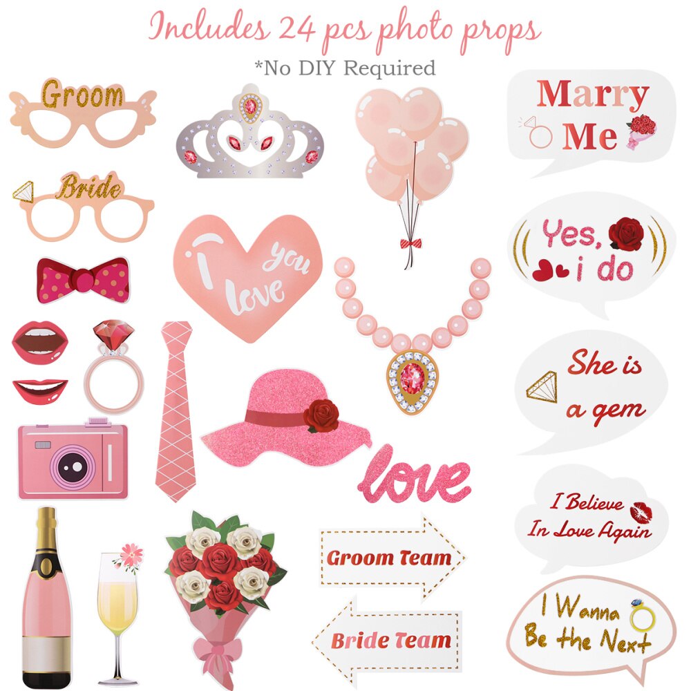 Amosfun 24PCS Wedding Prop Kit Funny Wedding Photo Booth Props Sticks for Wedding Decoration Wedding Party Engagement