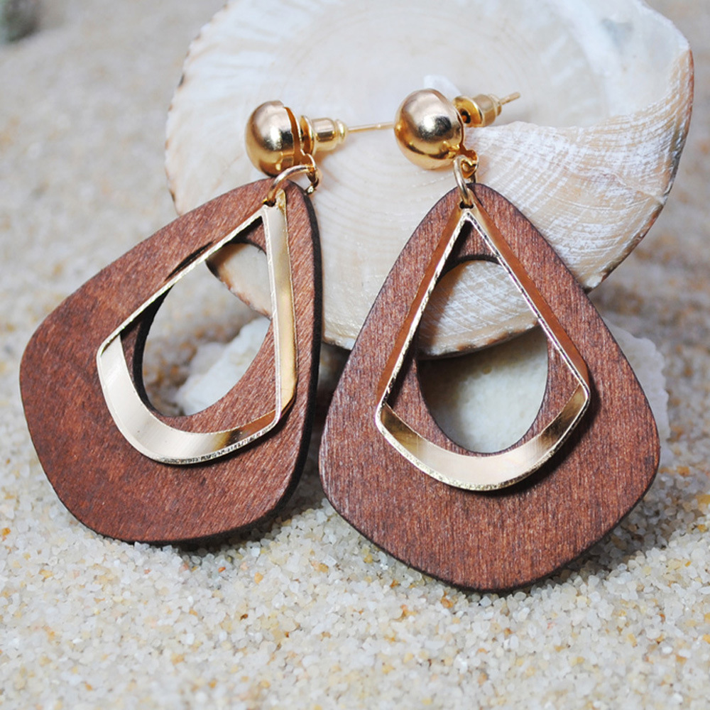 Boucles d'oreilles Vintage en forme de goutte d'eau en bois pour femmes, longues et creuses en métal, style bohème, bijoux de fête,