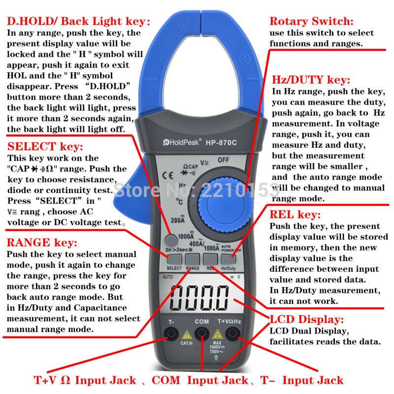 HoldPeak DC/AC Auto Range Digital Clamp Meter Frequency Duty Cycle Relative Value Dual Display Multimeter HP-870C