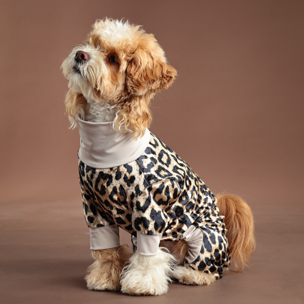 Leopard Dog Pajamas for Small Medium Dogs ,Anti-Shedding Puppy Elastic Hoodie,Soft Silk Fabric Overalls for Dogs Pet Costume