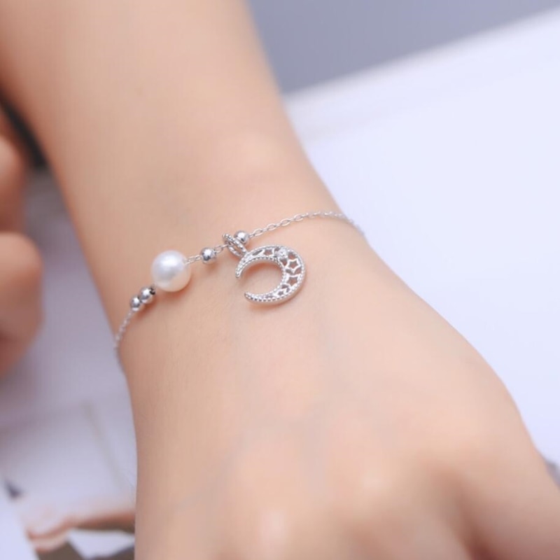 Étoile lune creux Simple perle sauvage 925 argent Sterling tempérament femelle à la redimensionnable Bracelets SBR034